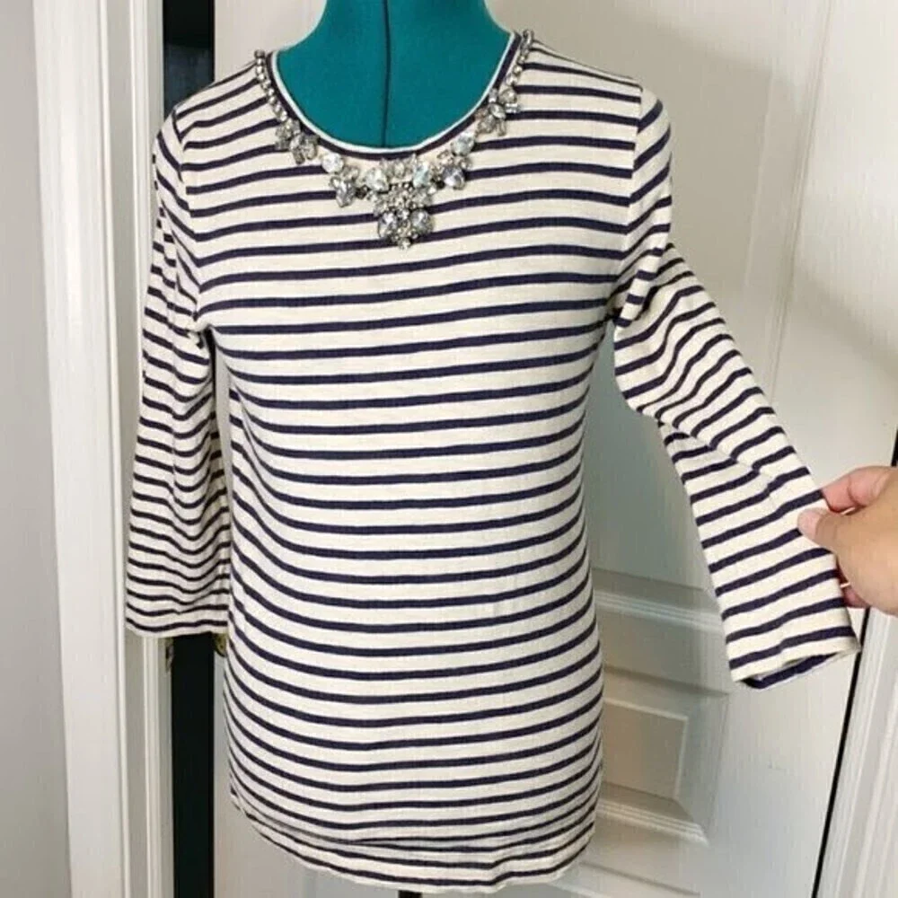 J. Crew Nautical Stripe Rhinestone Crew Neck 3/4 Sleeve Casual Top